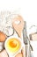 Food ingredients eggs, flour, yeast. Kitchen tools