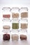 Food ingredients. Glass kitchen storage jars with various cooking foodstuff