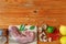 Food ingredients on wooden table in kitchen