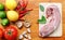 Food ingredients on wooden table in kitchen, meat on cutting board