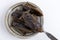 Food Insects: Giant Water Bug for eating as food. Insect items cooking deep-fried snack on plate with fork on white background, it