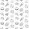 food item black outline hand drawn seamless pattern, set of bakery, sweets collection candy cane, cupcake, macaroon, icecream, pie