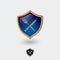 Food logo. Food Point Icon. Breakfast cafe emblem. Knife, fork and spoon on a dark-blue glossy heraldic shield.