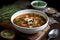 Food made with plant-based meat substitutes. Chaegaejang bracken and mushroom Soup. Korean healthy food. Close-up.AI