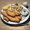 Food magazine photo of a plate of crispy fish and chips, tartar sauce, lemon wedge, blacklight, Claude Monet