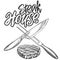 Food meat, steak,steak house logo, knife and skewer, calligraphic text, hand drawn vector illustration realistic sketch