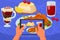 Food mobile photo, phone in hand vector illustration. Smartphone photography by camera, restaurant lunch on table