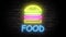 Food neon signboard light on brick wall background. Glowing large test looping concept animation.