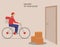 Food order in the internet. Courier in uniform on bicycle .Delivery order to you door