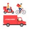 Food package delivery using trucks, bicycles, and motorcycles