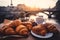 food paris french croissant france breakfast cup bar drink table. Generative AI.