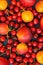 Food Pattern Ripe Organic Summer Fruits Berries Sweet Cherries Nectarines Apricots Vibrant Colors on Dark Blue Background.