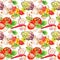 Food pattern with tomatoes, peppers, chilly, garlic. Seamless vegetables pattern. Watercolor