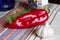 Food photo, vegetables, red sweet pepper, paprica, garlic on tablecloth