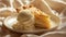 Food photography, apple pie slice with ice cream on top, cheese pull of the melting scoop on a luxurious silk tablecloth