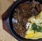 Food photography . Asian food . Beef . Egg . Hot plate . Hot plate photography . Delicious hot plate