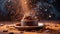 Food photography, chocolate souffle, rising perfectly, with a dust explosion of cocoa powder in a luxurious setting