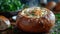 Food photography, clam chowder in a sourdough bread bowl served on an elegant, dark wooden table