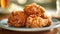 Food photography, fried chicken, golden and crispy, captured mid-drip with honey on a classic blue diner plate