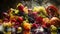 Food photography fruit salad explosion composition, with fresh fruits on dark background.