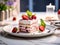 Food photography of strawberry icebox cake recipe, blurred background