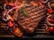 Food photography, t - bone steak cooked on a bbq, surrounded by flames