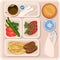Food for plane passengers. Airplane lunch. Vector illustration