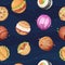 Food planets pattern. Fantastic space world with sweets fast food burger pizza sushi glossy stars sky vector seamless