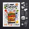 Food poster, ad, fast food, ingredients, menu, burger. Sliced veggies, bun, cutlet, cheese, meat, bacon. Yummy cartoon