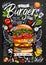 Food poster, ad, fast food, ingredients, menu, burger. Sliced veggies, bun, cutlet, cheese, meat, bacon. Yummy cartoon