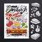 Food poster, ad, fast food, ingredients, menu, sandwich, sub, snack. Sliced veggies, cheese, ham, bacon. Yummy cartoon