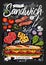 Food poster, ad, fast food, ingredients, menu, sandwich, sub, snack. Sliced veggies, cheese, ham, bacon. Yummy cartoon