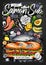 Food poster, ad, fast food, ingredients, menu, sandwich, sub, snack. Sliced veggies, cheese, salmon, avocado. Yummy