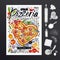 Food poster, ad, fast food, ingredients, pizzeria menu, pizza, heart. Sliced veggies, cheese, pepperoni, splash. Yummy