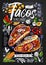 Food poster, ad, fast food, menu, mexican cuisine, nachos, burritos, tacos, snack. Avocado, cheese, bean, corn, chicken