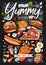 Food poster, ad, fast food, set, menu, burger, pizza slice, sandwich, roll, chicken, fries, hot dog, grilled eggs. Yummy