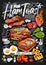 Food poster, ad, fast food, set, menu, toast, sandwich, ham, pork, bacon, grilled eggs, lsnack. Yummy cartoon style