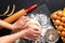 Food preparation concept over head shot Kneading dough for bakery, pizza or pasta on black background with copy space