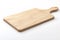 Food preparation tool and kitchen utensils concept with close-up on rectangular wood chopping board with round corners isolated on