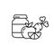 Food preservation. Glass jar with baby food and different fruits and vegetables. Line art icon of natural vegetarian puree.