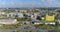 Food processing factory aerial view. Yellow food factory aerial view. Modern food factory. Flight near a modern factory