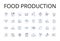 Food production line icons collection. Agriculture, Culinary arts, Farming, Cultivation, Harvesting, Fishing, Livestock