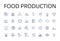 Food production line icons collection. Agriculture, Culinary arts, Farming, Cultivation, Harvesting, Fishing, Livestock