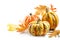 Food pumpkins or squashes and colored autumn leaves, greeting card for Halloween or Thanksgiving on a white background with copy