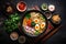 food ramen vegetable japanese meal asian bowl soup chopstick noodle. Generative AI.
