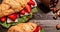 Food recipe background. Close up Breakfast, business lunch, sandwiches Croissant with strawberries and soft cheese with mold brie