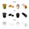 Food, refreshments, snacks and other web icon in cartoon,black,outline style.Packaging, paper, potatoes icons in set