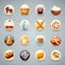 Food reward stickers, buttons, icons for a children or adult game multiple on a grey background