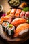 food rice roll japanese seafood japan fish meal set sushi. Generative AI.