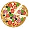 Food, round pizza. Flat style. Cartoon raster